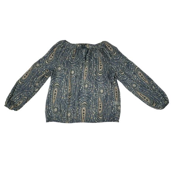 Lucky Brand Top Size XL Blue Sheer Swirl Paisley Boho Bohemian Tassel TIe Neck - Picture 5 of 8